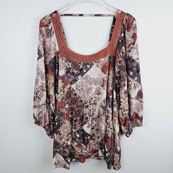 Maurices Crochet Trim Patchwork Babydoll Blouse NWT, size 1X - Picture 2 of 9